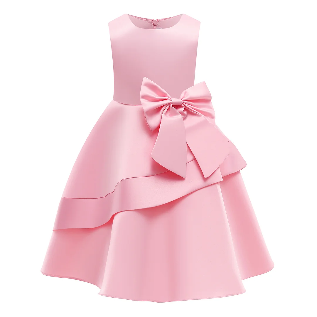 Girls' Pleated Dress with Bow, Medium-length Princess Formal Dress for Children