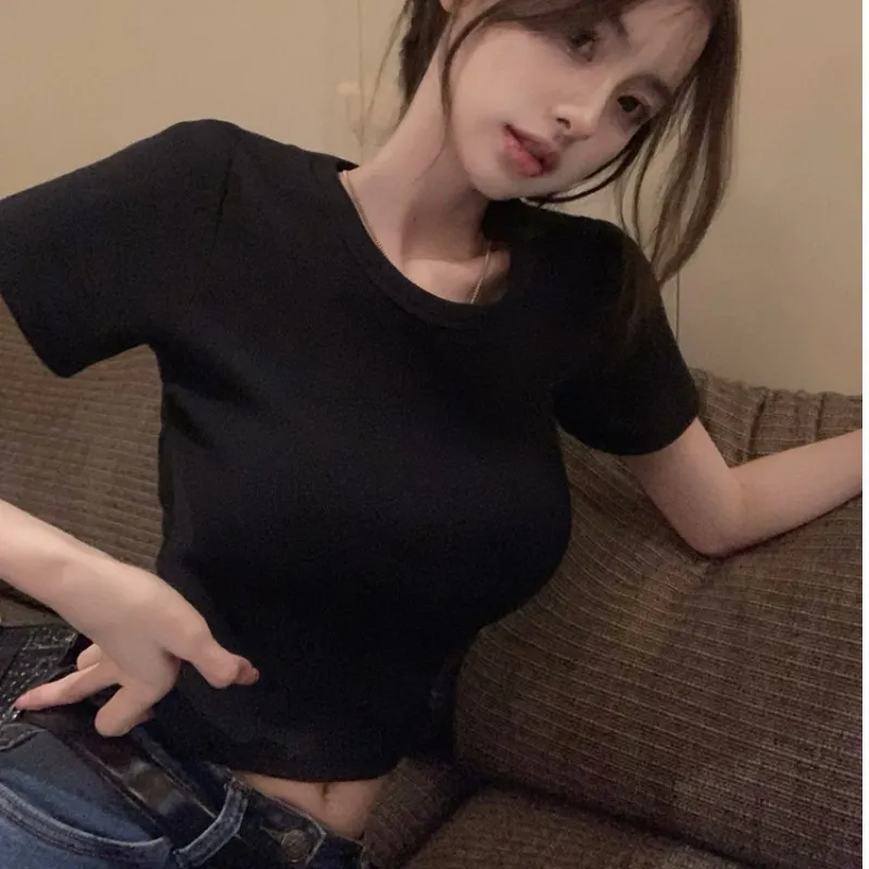 Brownm Brownm Fire Short Top Women 2024 Summer Sexy Hot Girl Wind Exposed Back Bottom Shirt Solid Color Versatile Short-Sleeved T-Shirt Women