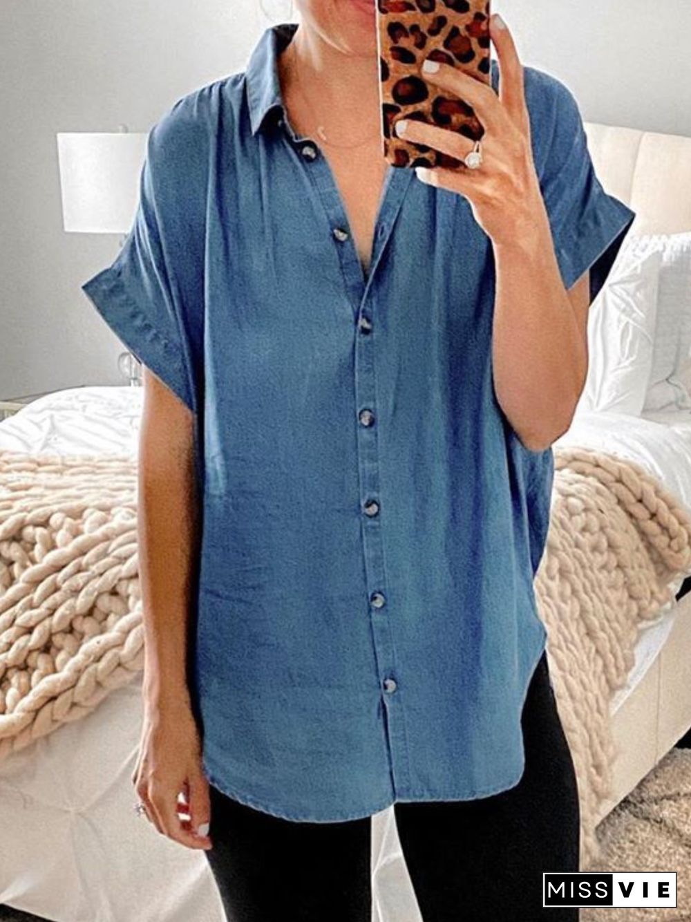 Blue Buttoned Short Sleeve V Neck Tops