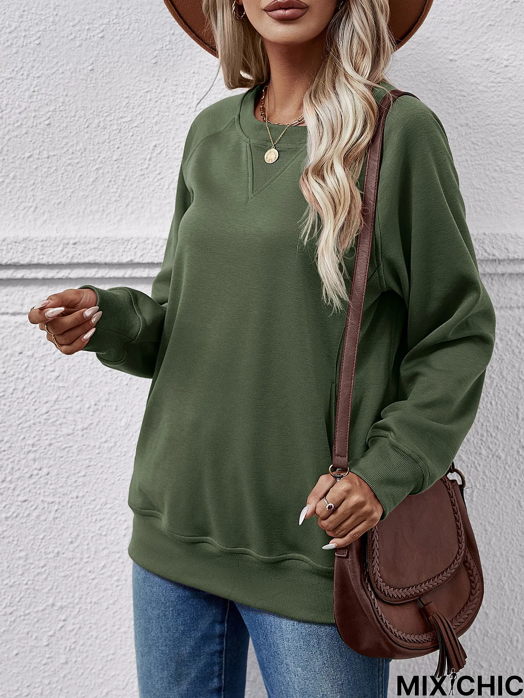 Crew Neck Casual Loose Plain Sweatshirt