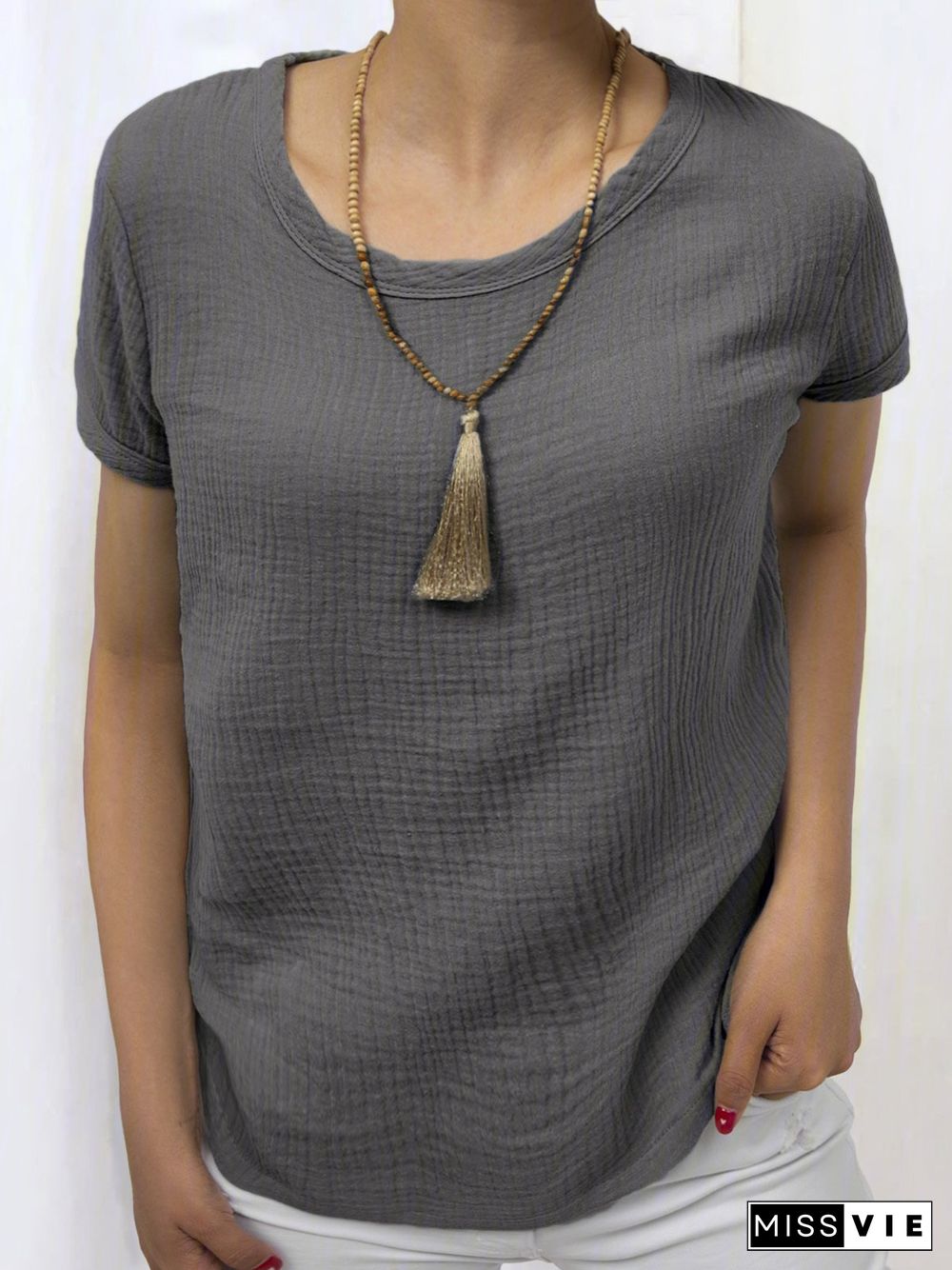 Women Casual Linen Cotton Plain Short Sleeve Blouses