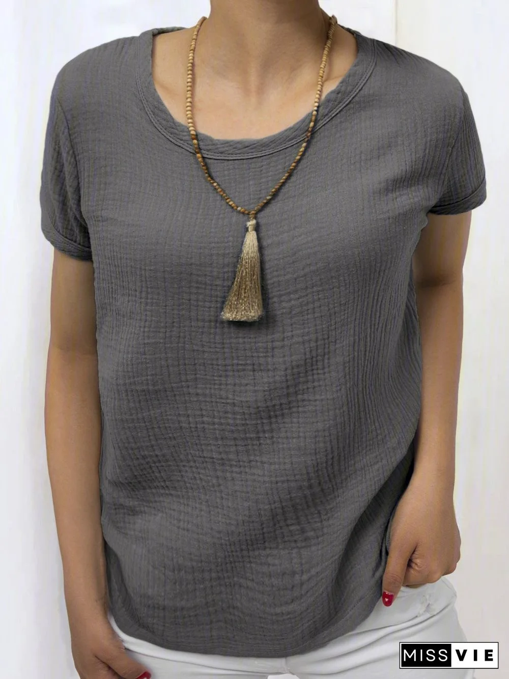 Women Casual Linen Cotton Plain Short Sleeve Blouses