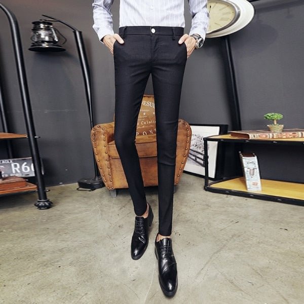 Woherb Black White Men's Trousers British Slim Fit Casual Suit Pants Men Solid Mens Skinny Pencil Pants High Quality Men Clothing