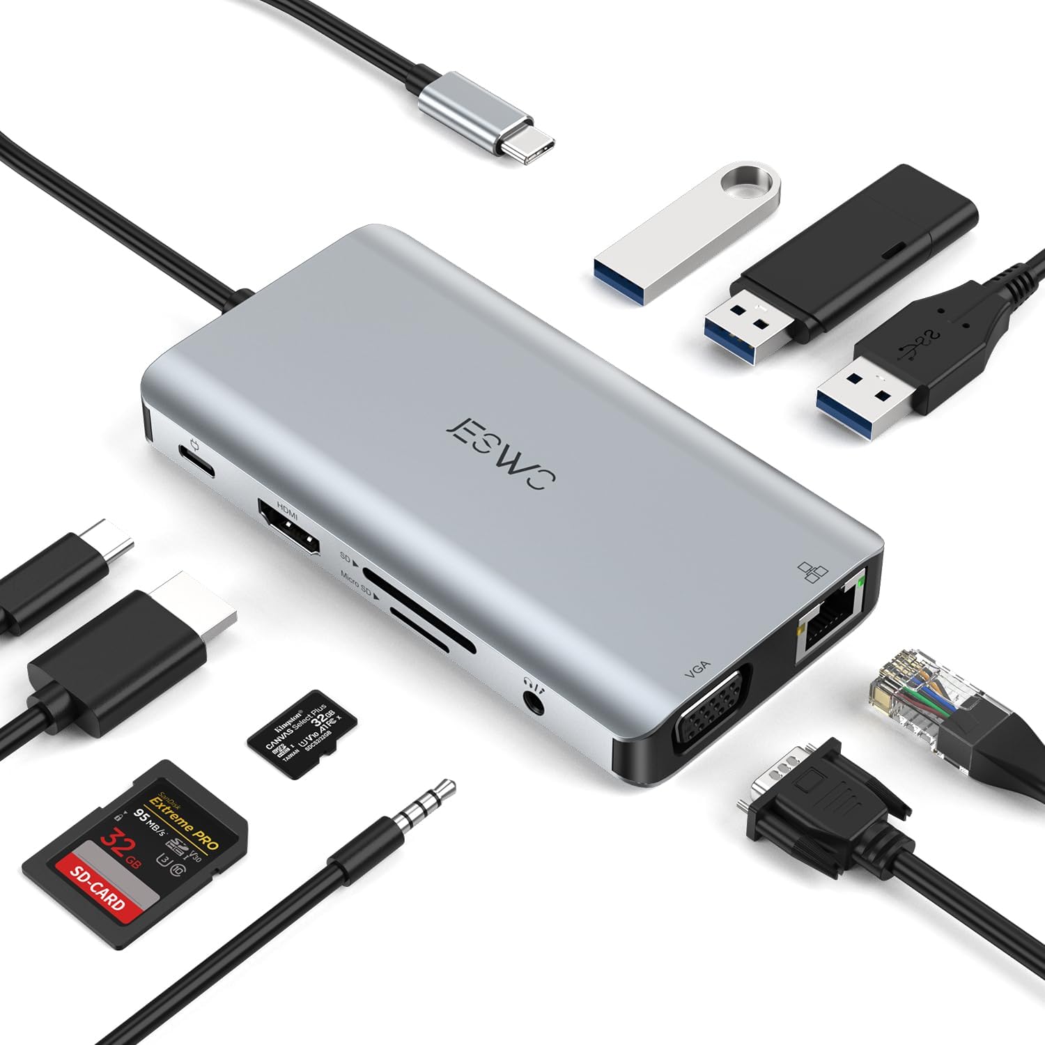 JESWO 10-in-1 USB C Docking Station, 10 in 1 USB C Multi Port Adapter with HDMI 4K, 3 * USB 3.0, USB C 100W PD Charging, SD/TF Card Reader, 1000M Ethernet, and VGA with MacBook Pro/Air