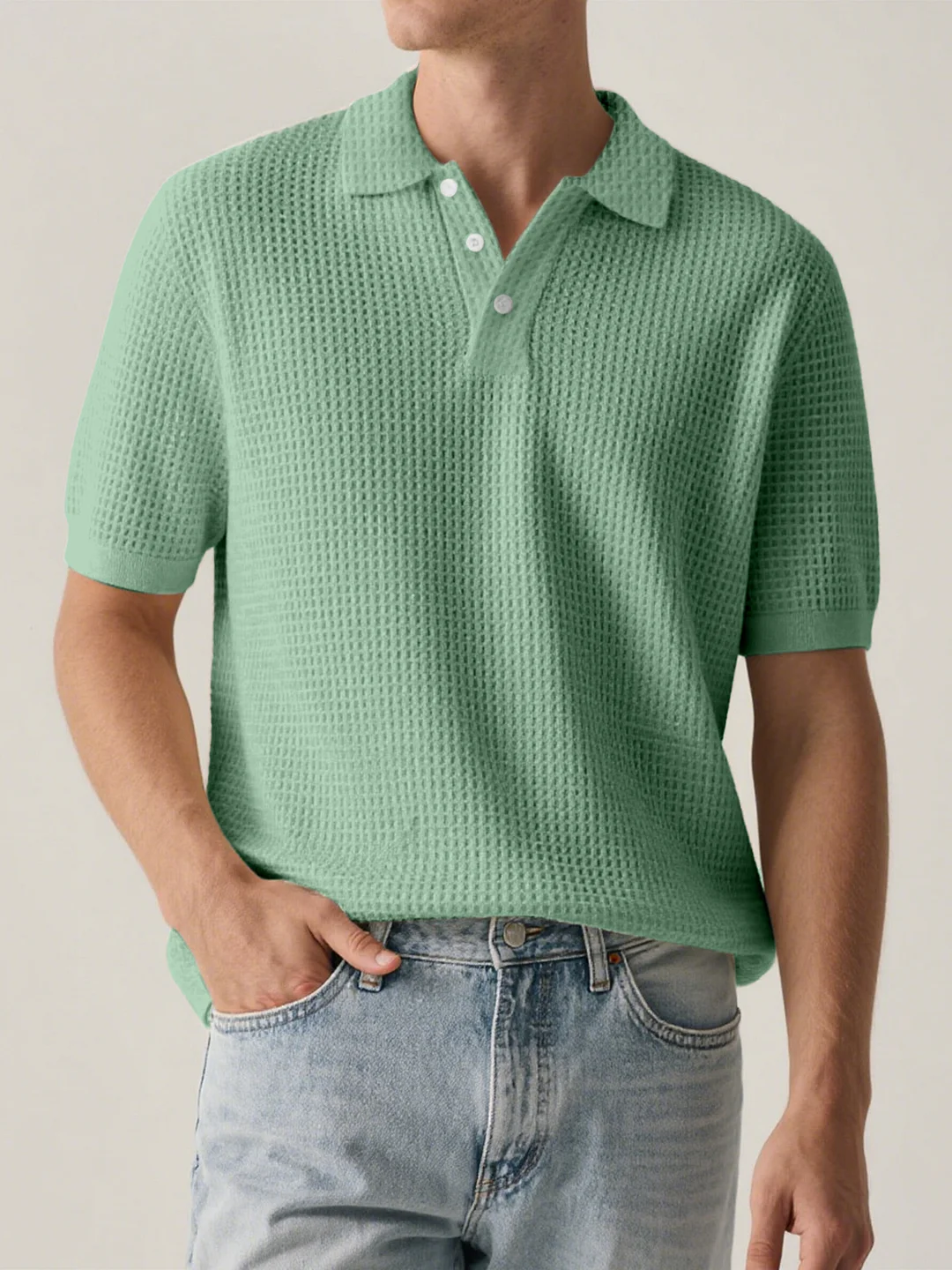 Men's Everyday Solid Color Waffle Short Sleeve Lapel Polo Shirt