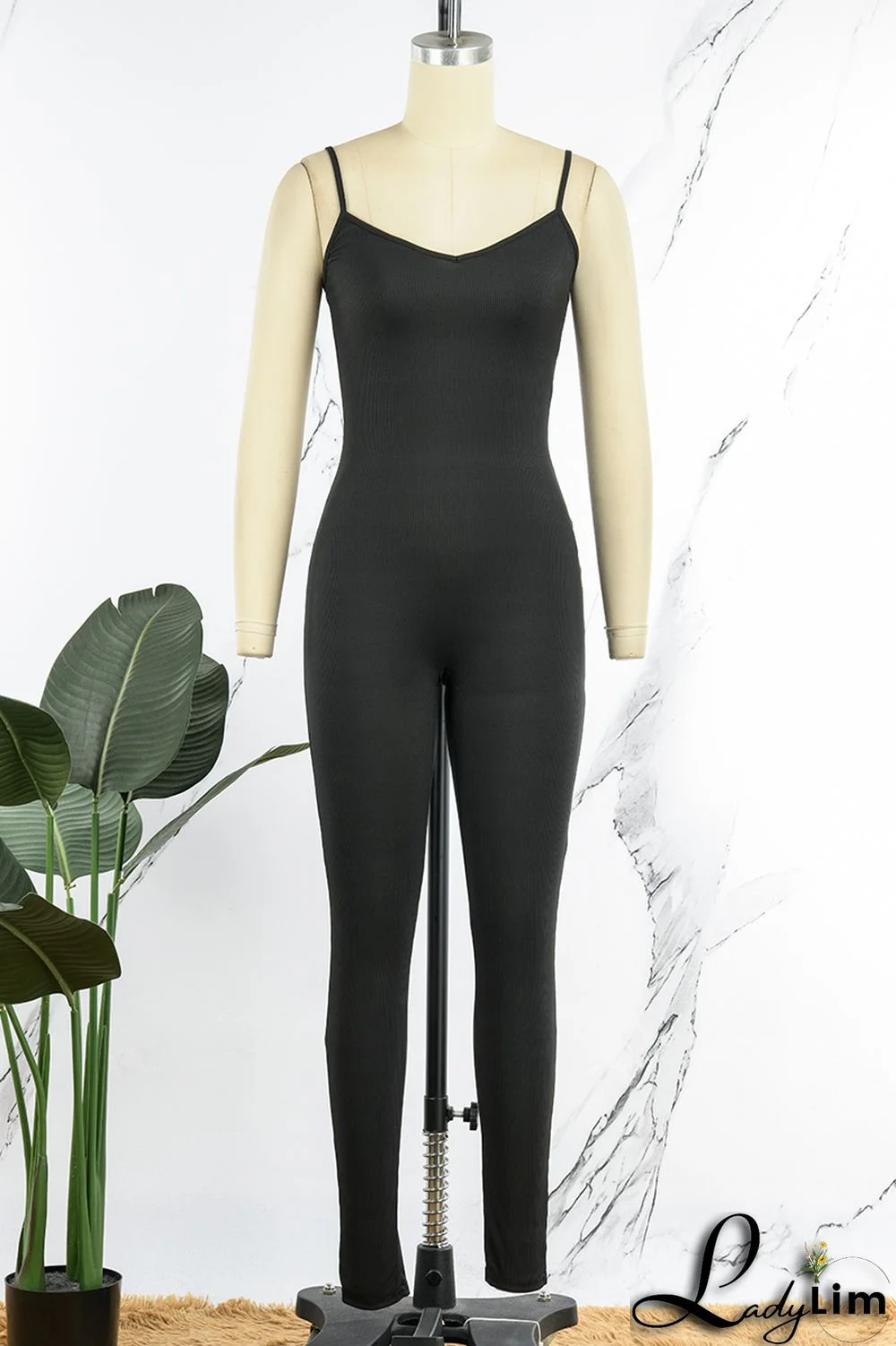 Grey Sexy Casual Sportswear Solid Backless Spaghetti Strap Skinny Jumpsuits