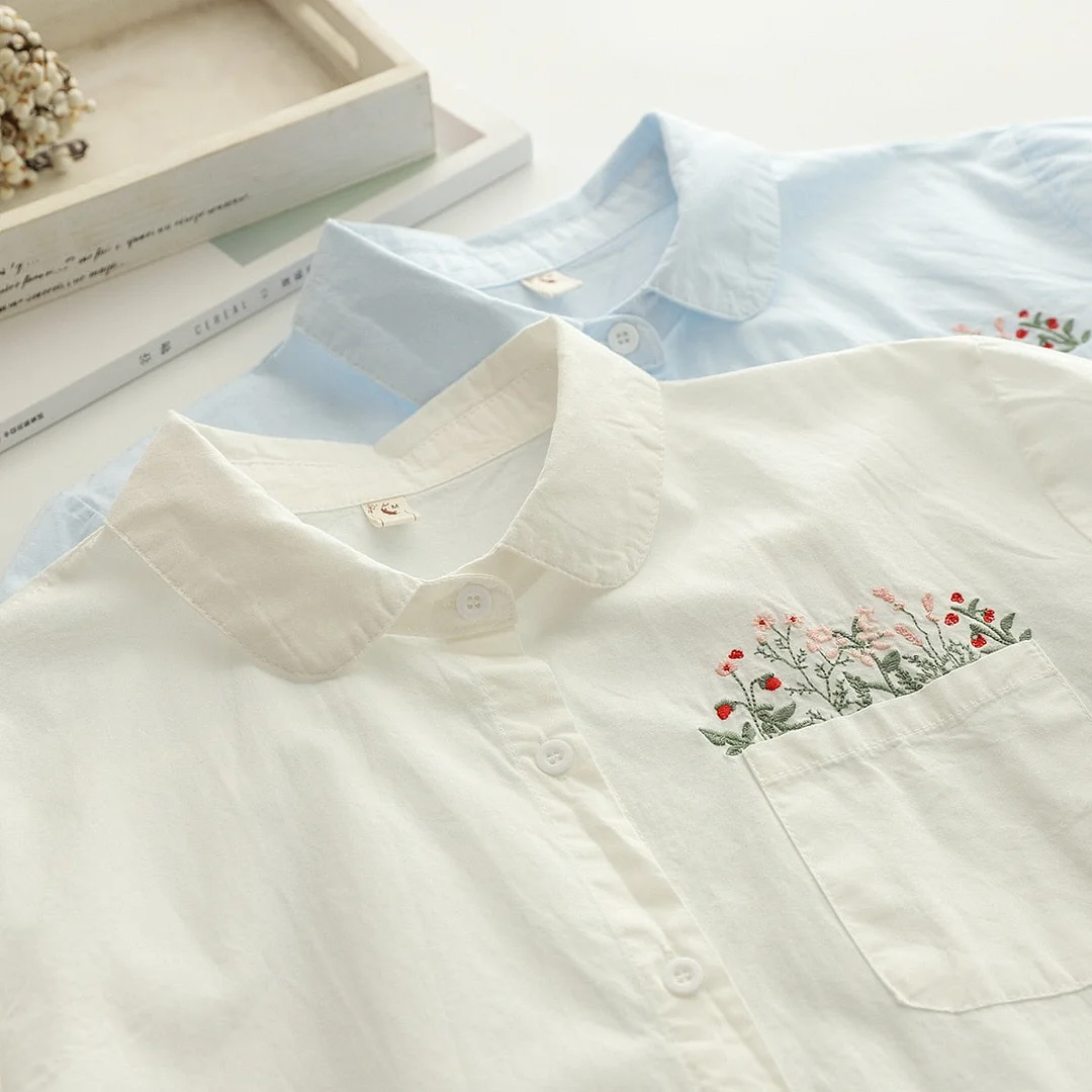 Tlbang Summer Women White Shirts Embroidery Pocket Short Sleeve Tops Round Collar Office Loose Cotton Blousees Autumn 2023 T35075M