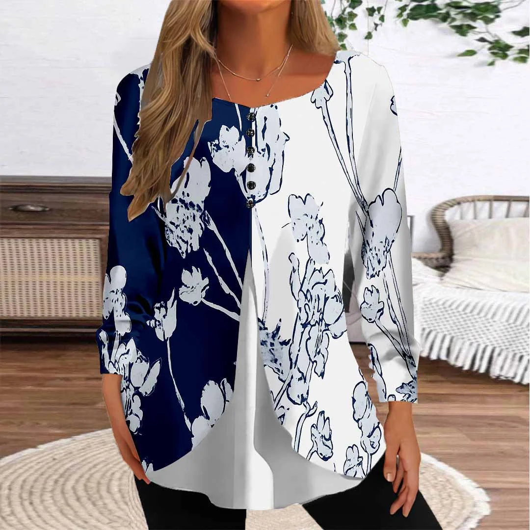 Women Floral,Blue DZGG8307 Long Sleeve Scoop Neck Printed Graphic Button Fake 2in1 Tops