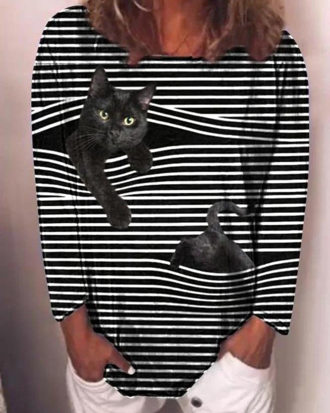 2022 cat print round neck long sleeve women's T-shirt