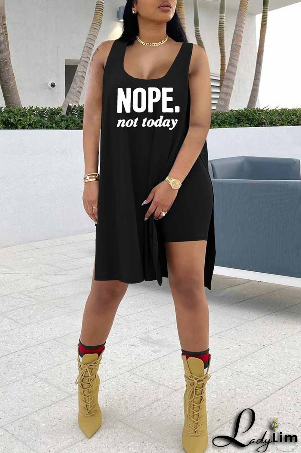 Red Fashion Casual Letter Print Slit U Neck Sleeveless Two Pieces