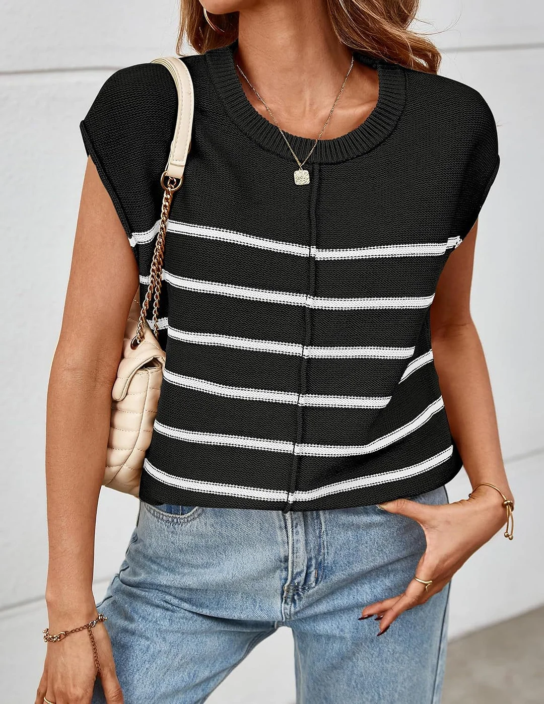 Wongn Wongn Women's Knit Sweater Vest Sleeveless Jumper Striped Seam Bone Stitching Casual Women's Top