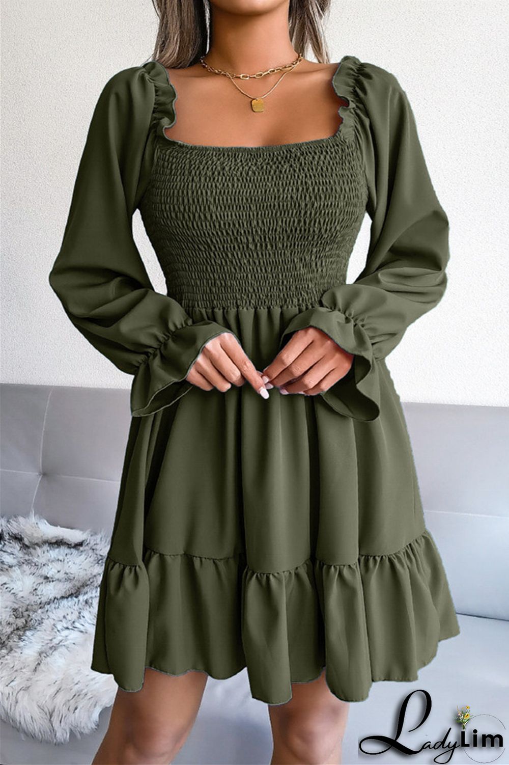 Burgundy Fashion Casual Solid Patchwork Square Collar Long Sleeve Dresses