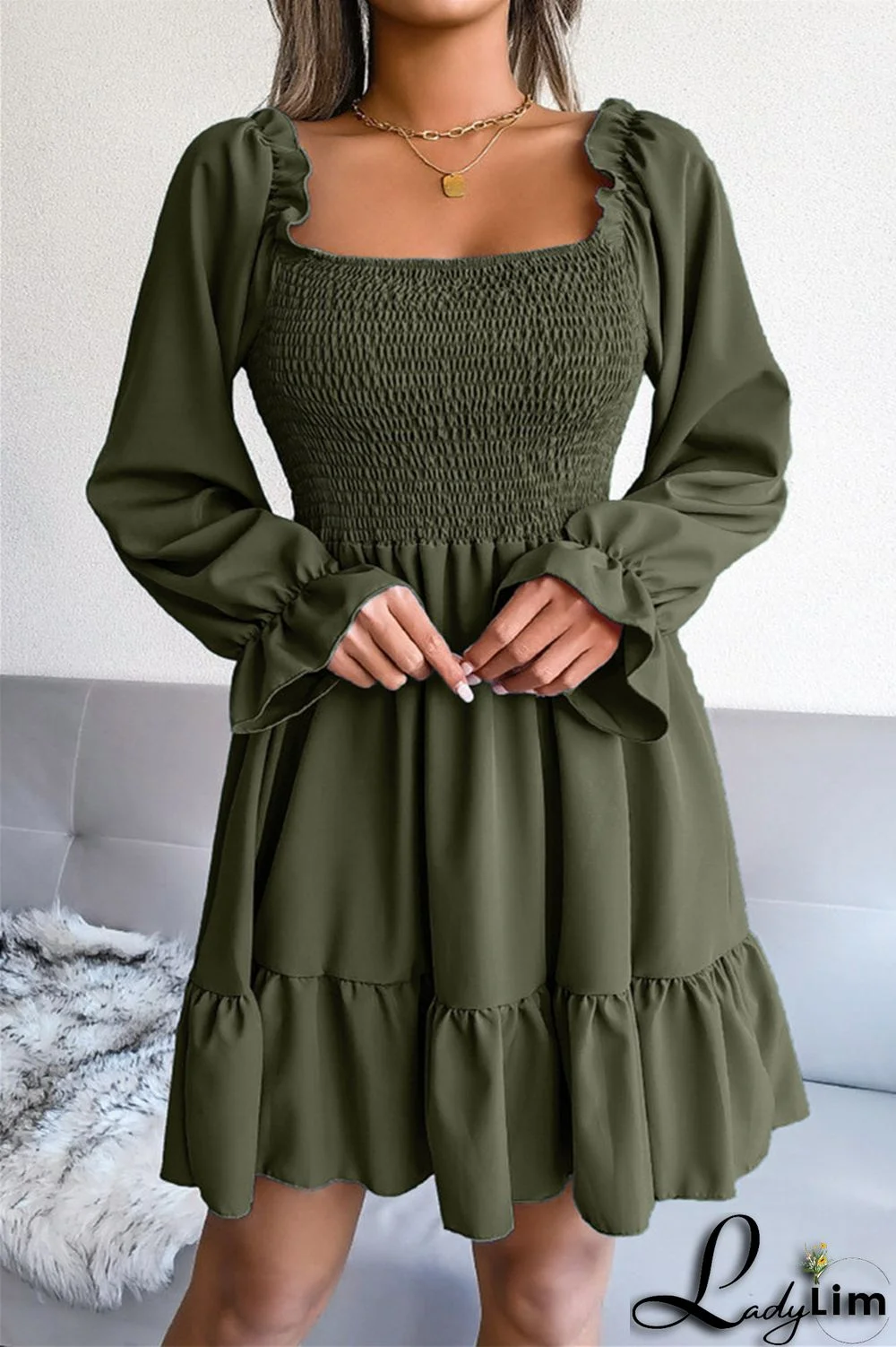 Burgundy Fashion Casual Solid Patchwork Square Collar Long Sleeve Dresses