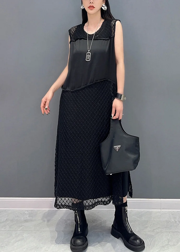 Black Side Open Patchwork Knit Dresses O Neck Summer