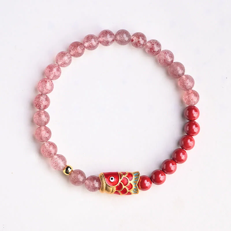 Cinnabar Strawberry Quartz Lucky Koi Fish Healing Bracelet
