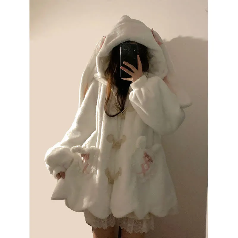 Kawaii Bunny Ears Velvet Loose Hooded Coat Outerwear