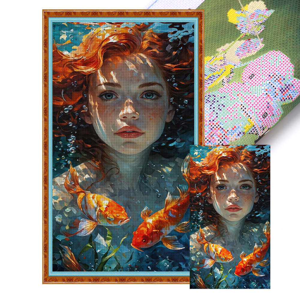 Koi Girl Full 11CT Pre-stamped Canvas(40*75cm) Cross Stitch