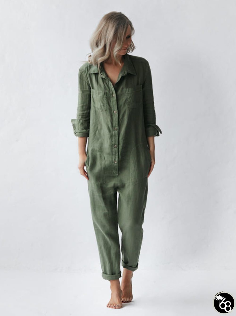 Button Up Casual Linen Jumpsuit | 168DEAL