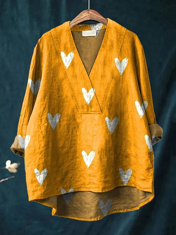 Lovely Hearts Repeat Pattern Printed Womens Casual Cotton And Linen V-neck Shirt