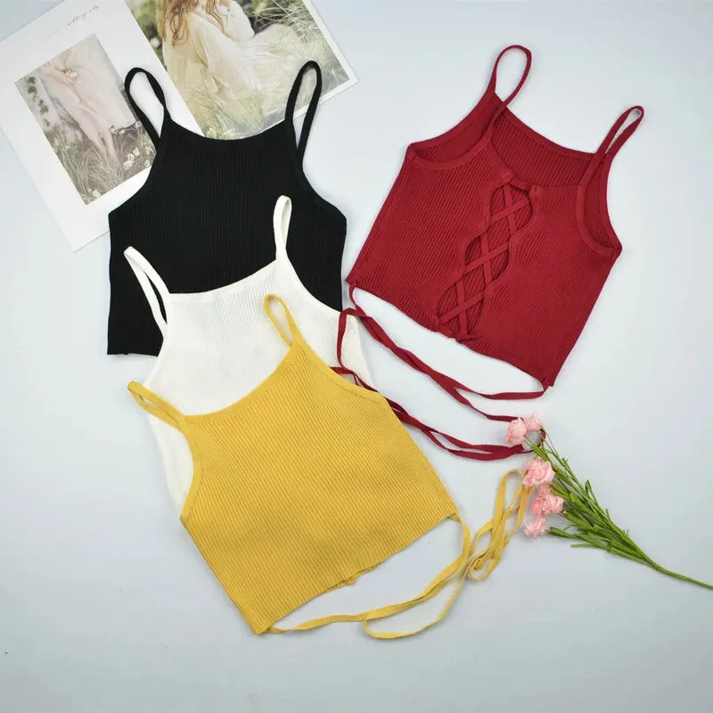 Brownm Brownm Waist Cross Rope Bare Back Small Sling Vest Short Umbilization Bottom Back Hollow Top