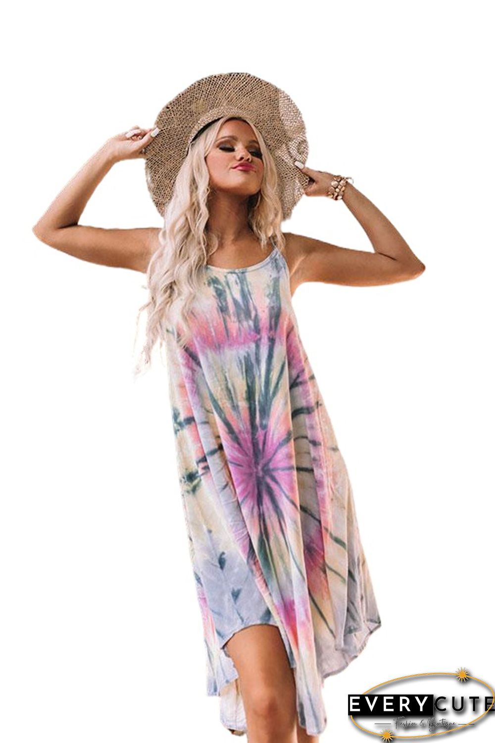 Spaghetti Straps Crossed Back Tie-dye Midi Dress