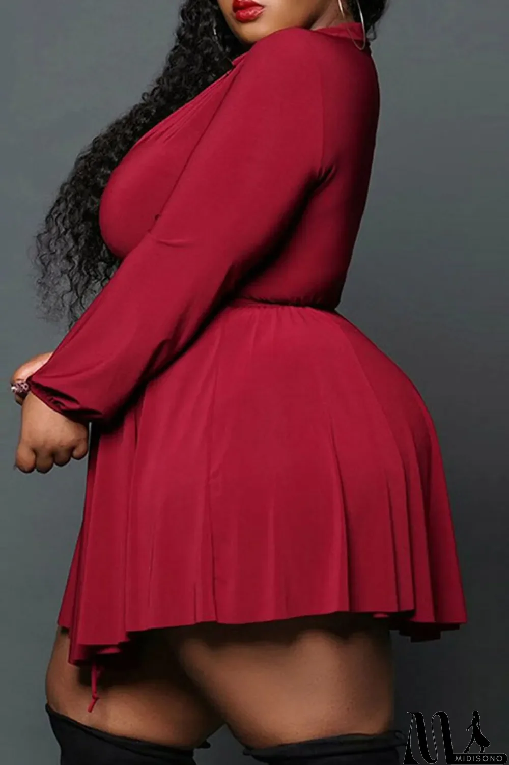 MidiSono - Rose Red Casual Solid Patchwork Frenulum Asymmetrical Turndown Collar A Line Plus Size Dresses