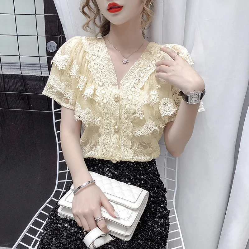 Summer V-neck Hollow Lace Women Tops 2021 New French Sexy Ruffle Stitching Shirt Female Short Sleeve Slim Crochet Blouse 14175 515-1