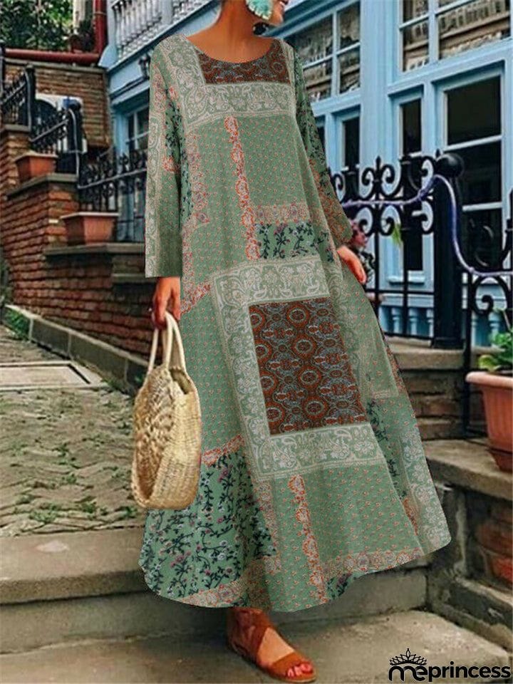 Bohemian Artsy Print Cotton Linen Long Sleeve Maxi Dress For Women