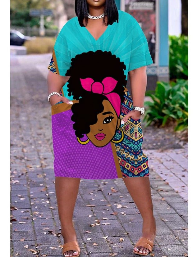 African Girl Print Plus Size V Neck Mid Sleeve Dress
