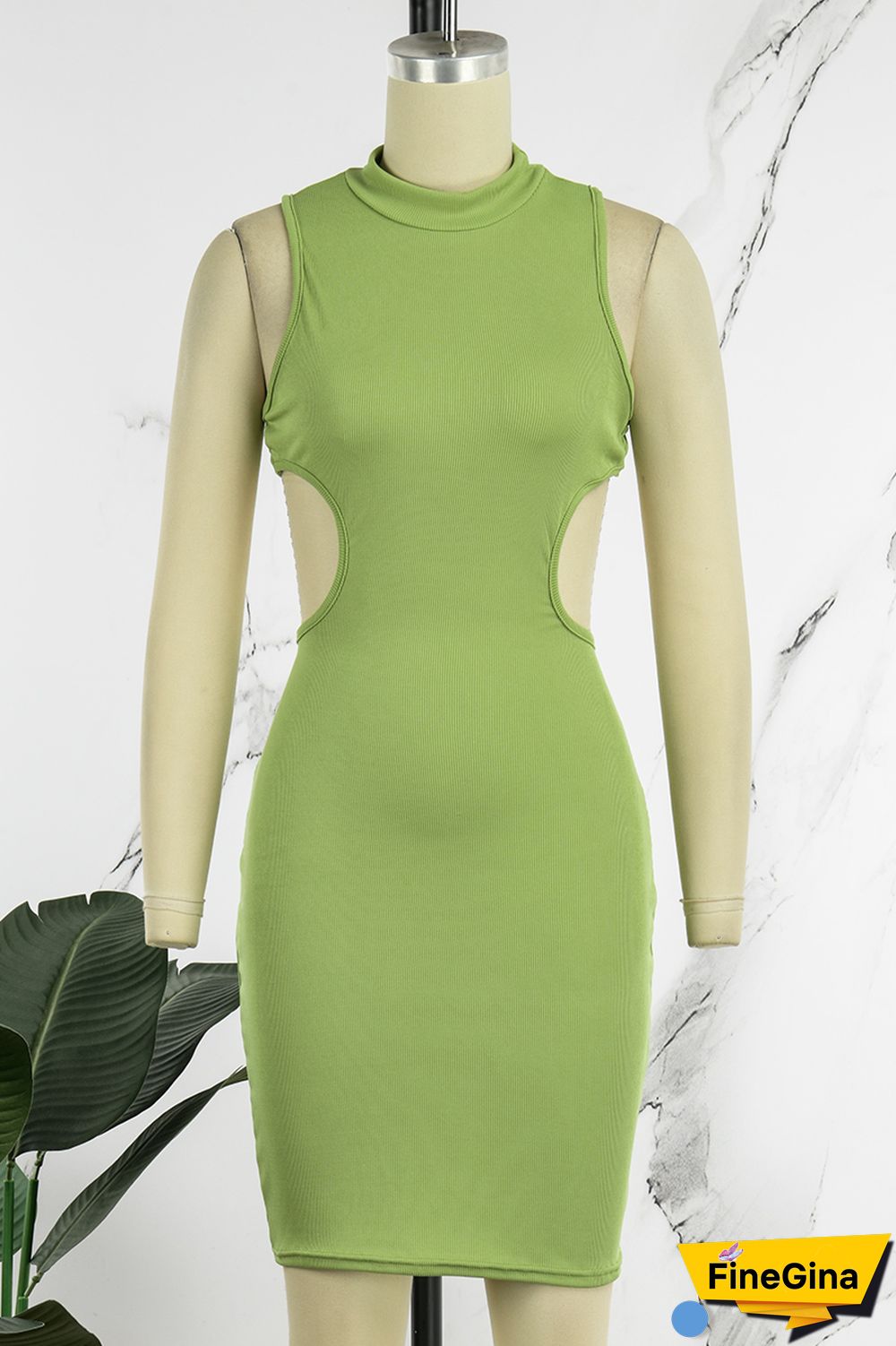 Cream White Casual Solid Hollowed Out Turtleneck Sleeveless Dress Dresses