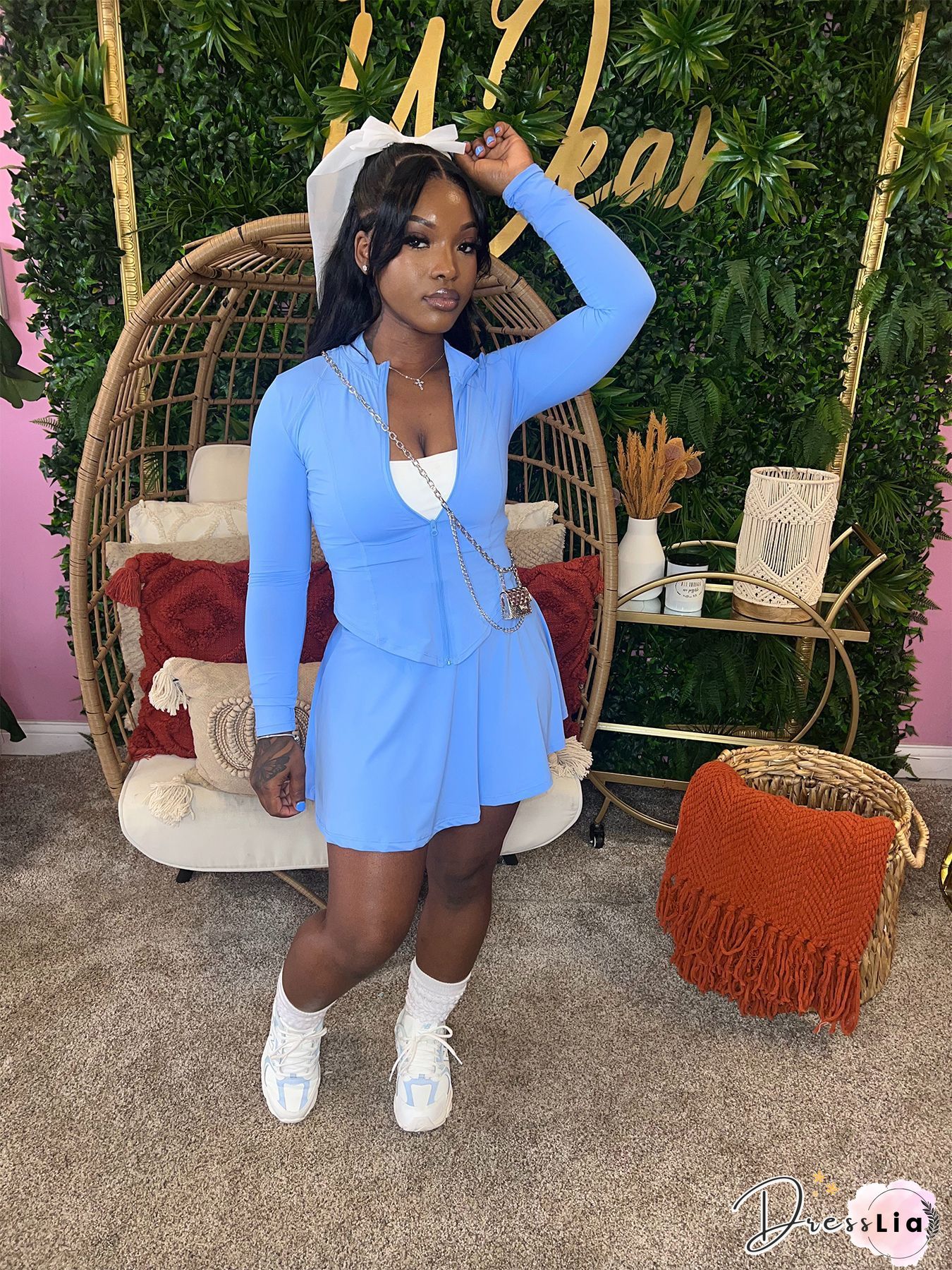 Long Sleeve Crop Top Pleated Skirt Two Piece Set