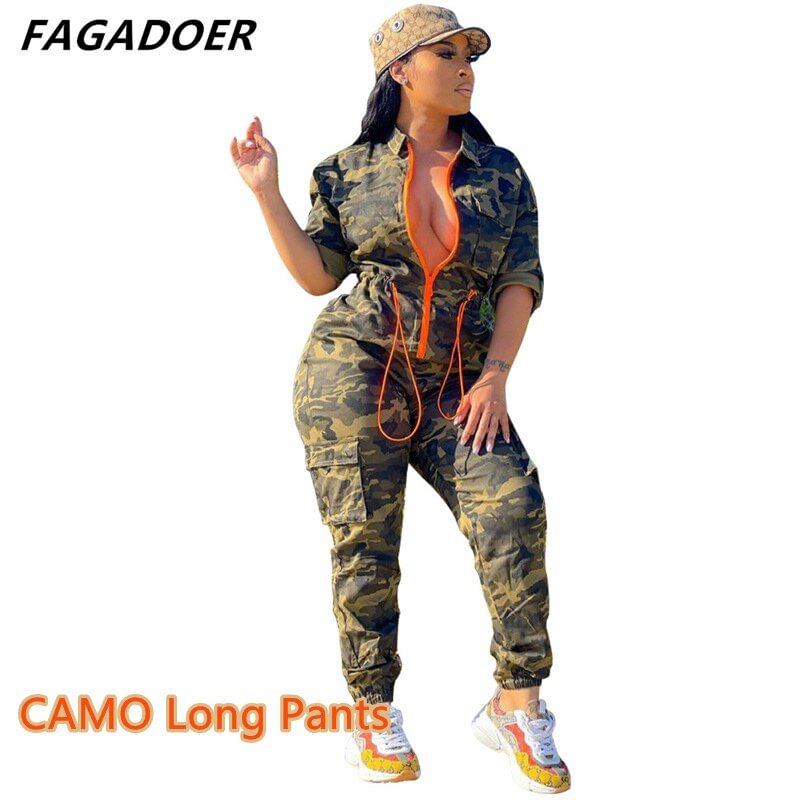 Fagadoer Plus Size S-5XL Camouflage Jumpsuit Women Cargo Pants Pockrts Zipper Street Playsuits Fashion Autumn 2021 Outfit Romper