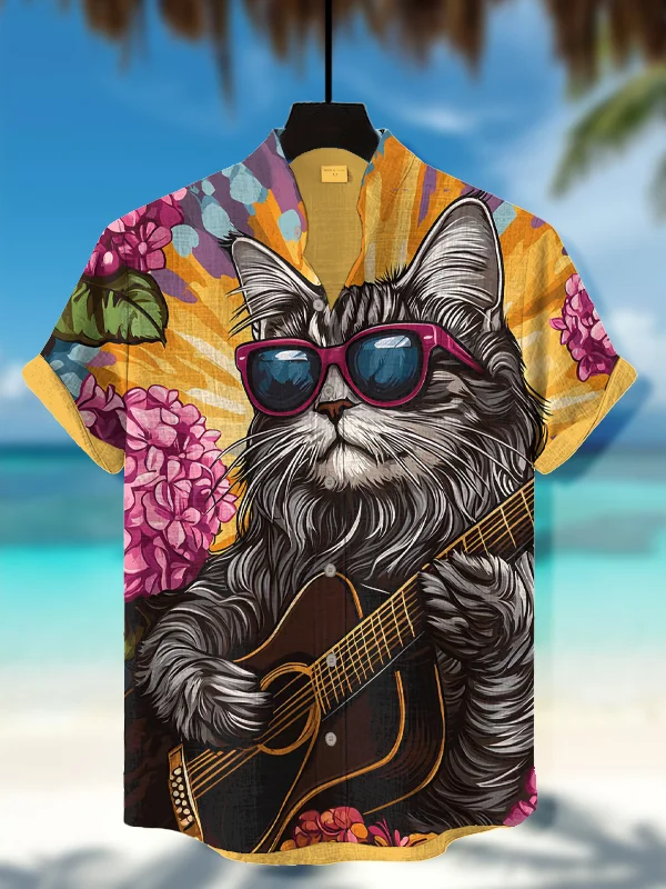 Men's Cat Plays Guitar Floral Print Short Sleeve Shirt