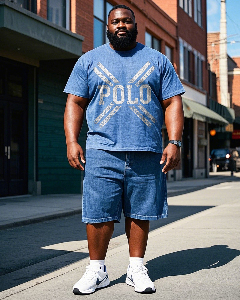 Men's Big & Tall Simple Cross Letter POLO Printed Washed Denim Casual Short Sleeve T-shirt Shorts Set