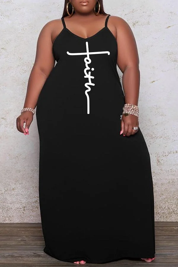 V-neck Letter Print Strappy Pocketed Maxi Dress