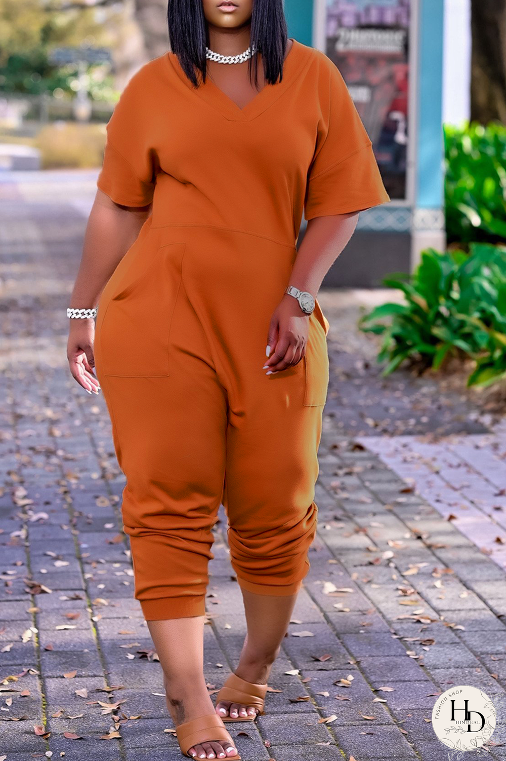 Orange Fashion Casual Solid Basic V Neck Plus Size Jumpsuits