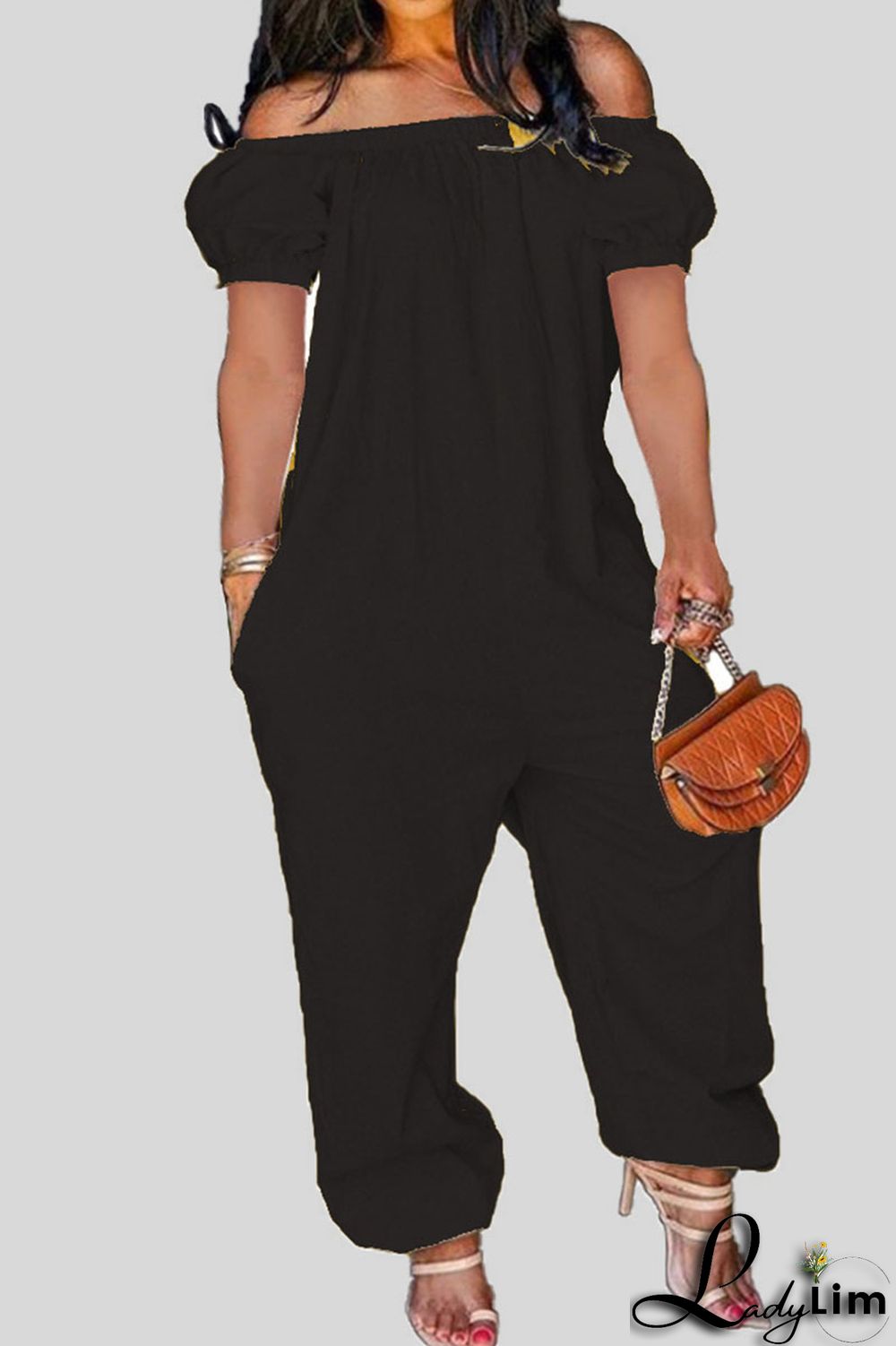 Tangerine Red Casual Solid Patchwork Off the Shoulder Loose Jumpsuits