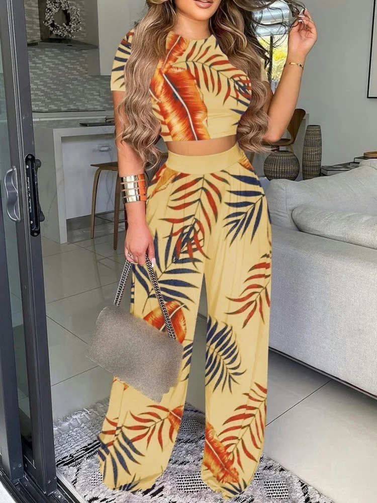 Uveng Uveng Women's Explosive Elegant Wind Short Sleeve Two-Set Printed Trousers Suit Women