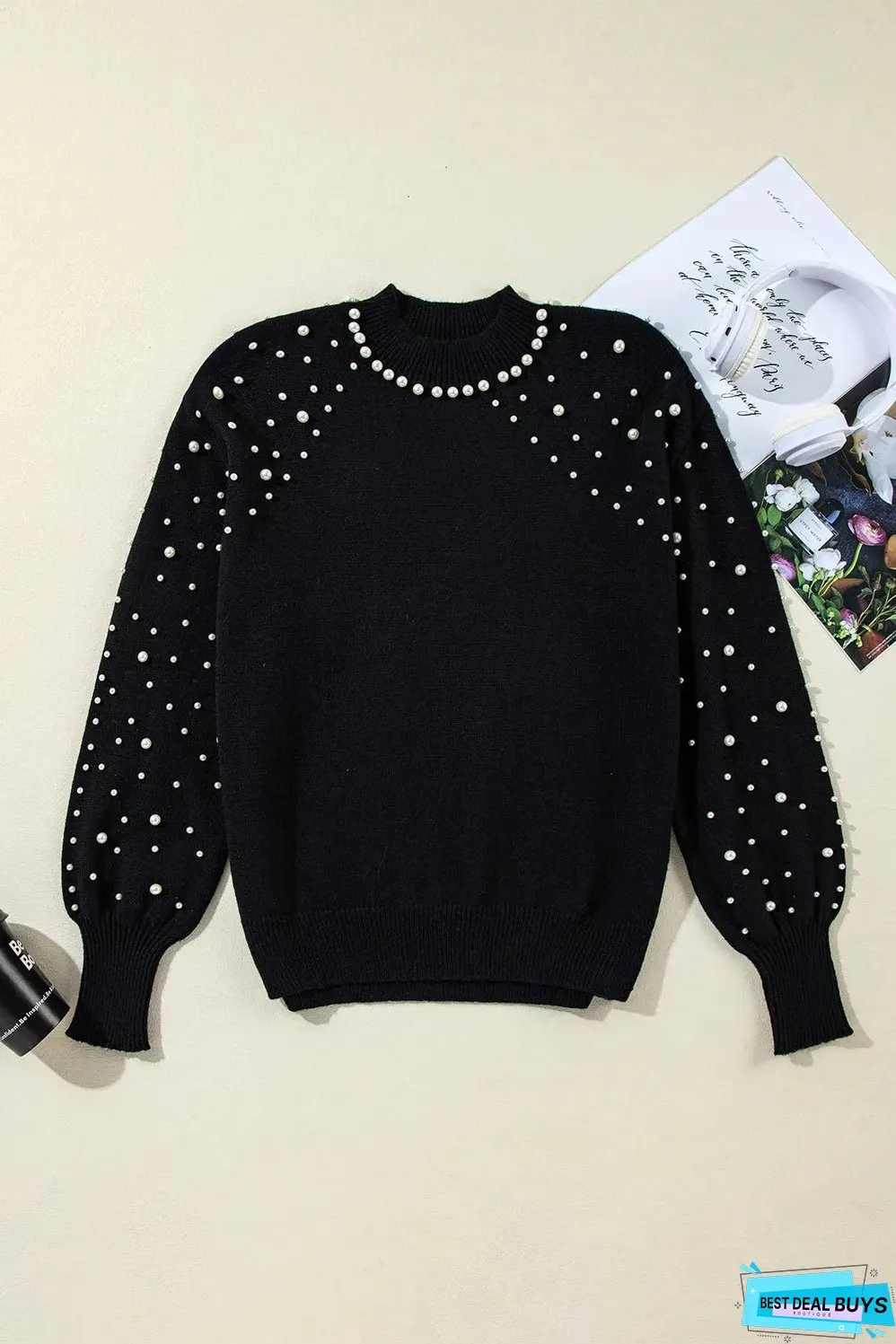 Black Pearl Beaded Bishop Sleeve Sweater
