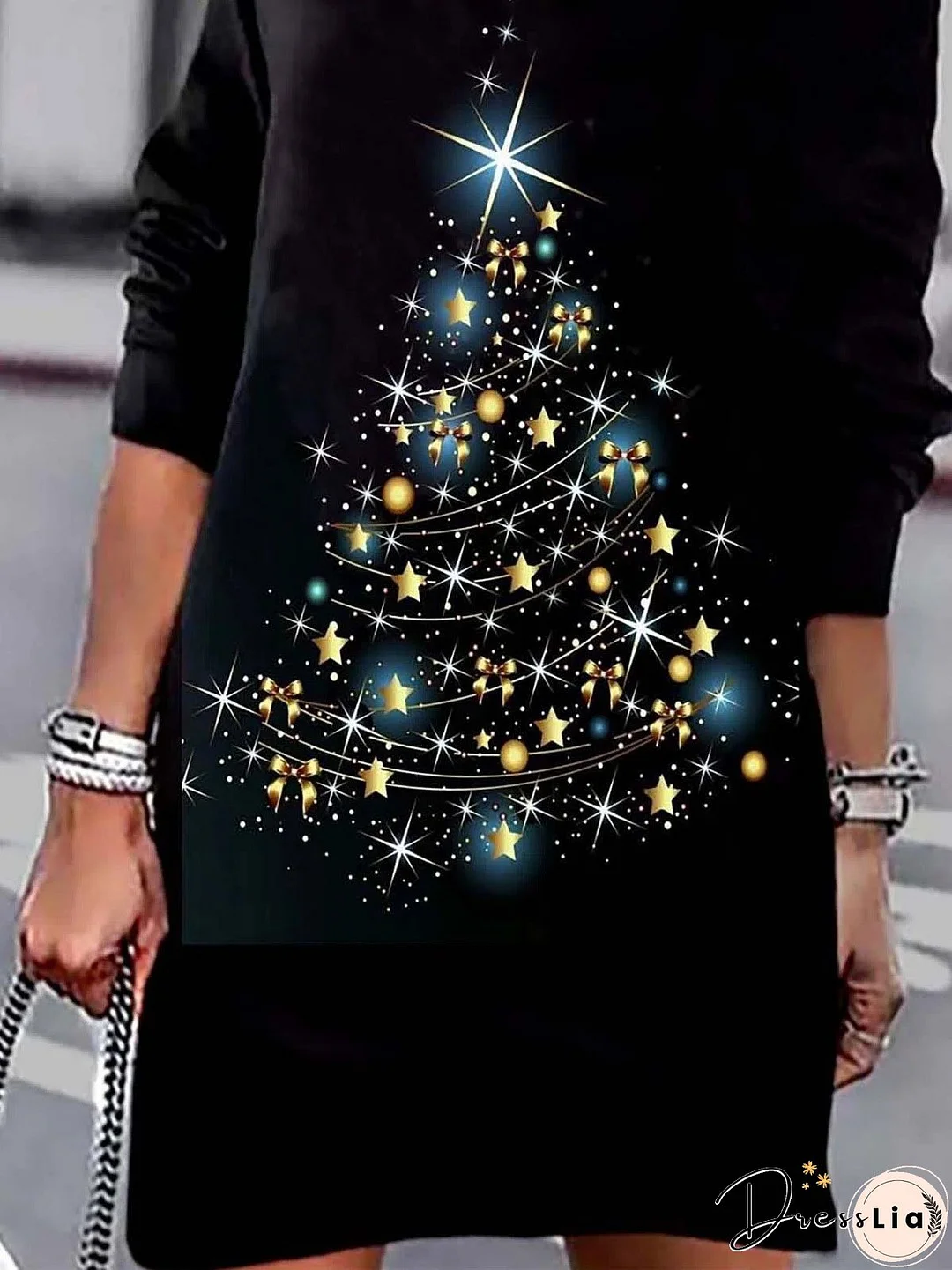 Dresses Christmas Tree Print V-Neck Long Sleeve Casual Dress for Women