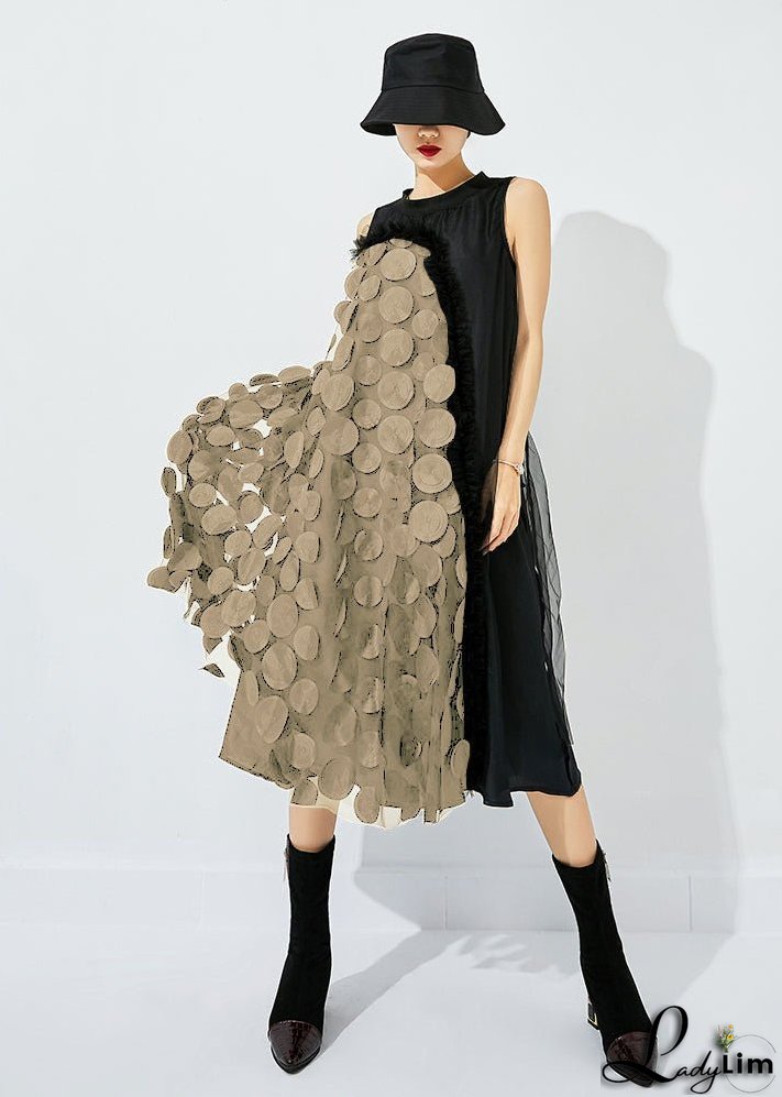 Bohemian Khaki Asymmetrical Patchwork Wrinkled Tulle Maxi Dress Sleeveless