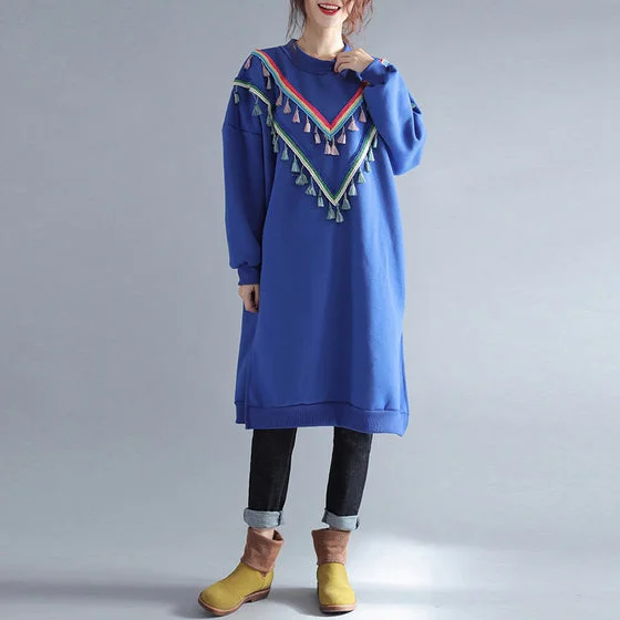 winter warm blue cotton fashion dresses plus size tassel decorated traveling dress