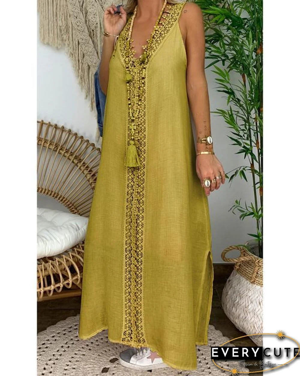 Women Solid V Neck Sling Sleeveless Lace Maxi Dress