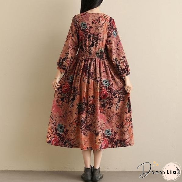 Vintage Style V-neck Print Elastic Waist Elegant A-line Ladies Casual Dress