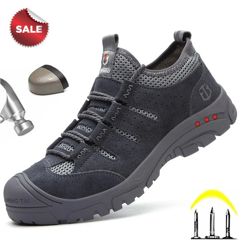 Men Work Safety Shoes Steel Toe Cap Durable Light Boot Rubber Bottom Stab Resistant Shoe Suede Leather Upper Comfotable Sneakers
