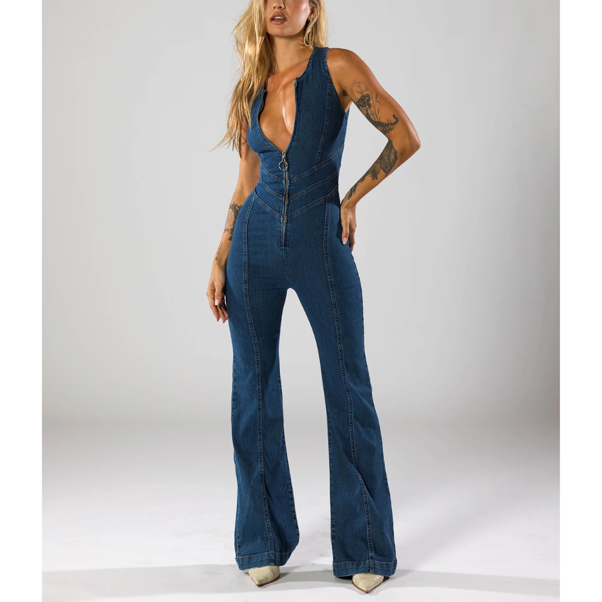 Blue Denim Jumpsuit With Heart Cutout Back And Zipper Front