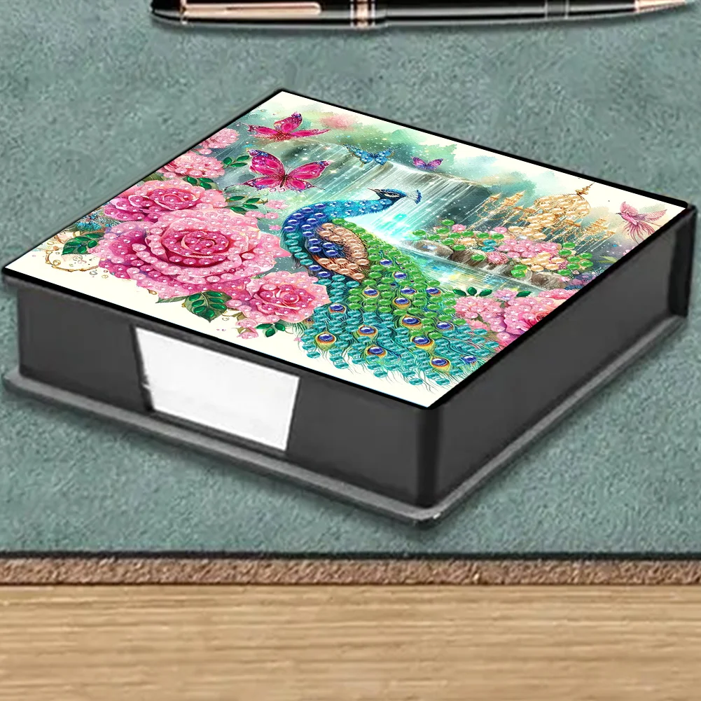 DIY Flower Peacock Leather Diamond Art Note Box with 160 Sheets of Paper for Beginners