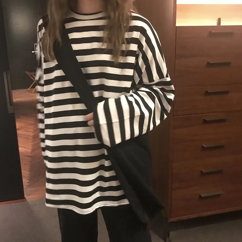 Uveng Uveng 2024 New Ins Tide Black And White Stripes Early Autumn Loose Long-Sleeved T-Shirt Schoolgirl Top