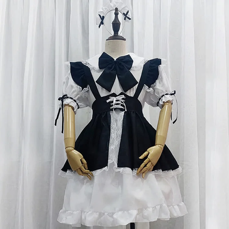 Cosplay Neutral Lace Up Ruffled Maid Dress With Bow Tie - Modakawa Modakawa