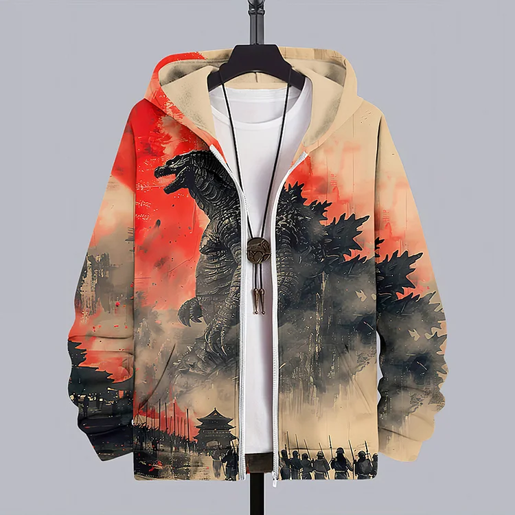 Japanese Style Gojira Monster Art Print Casual Hooded Zip Up Jacket